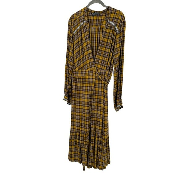 Anthropologie Dalton Wrap Dress Mustard Yellow Plaid Long Sleeve XL Womens Boho - Picture 3 of 15